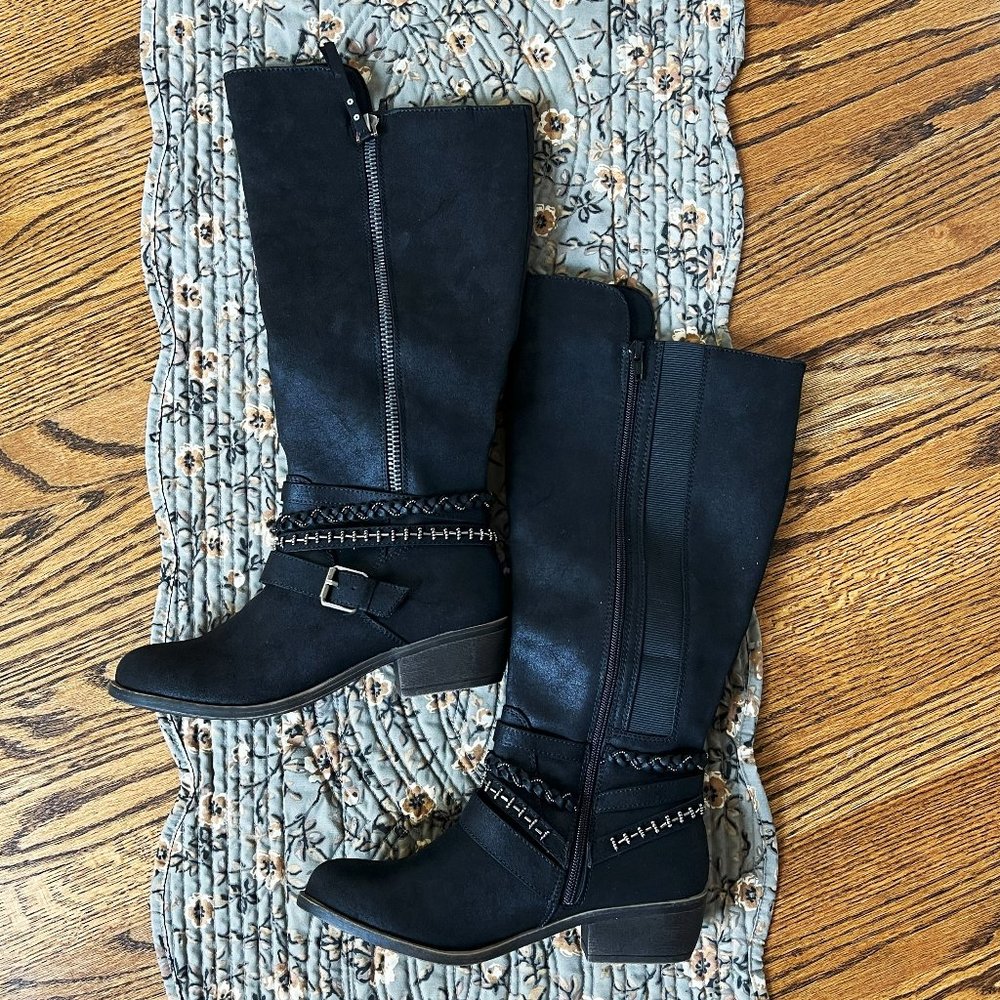 Women’s SO “Odetta” Wide Calf Riding Boots Knee High Low Heel BLACK size 8